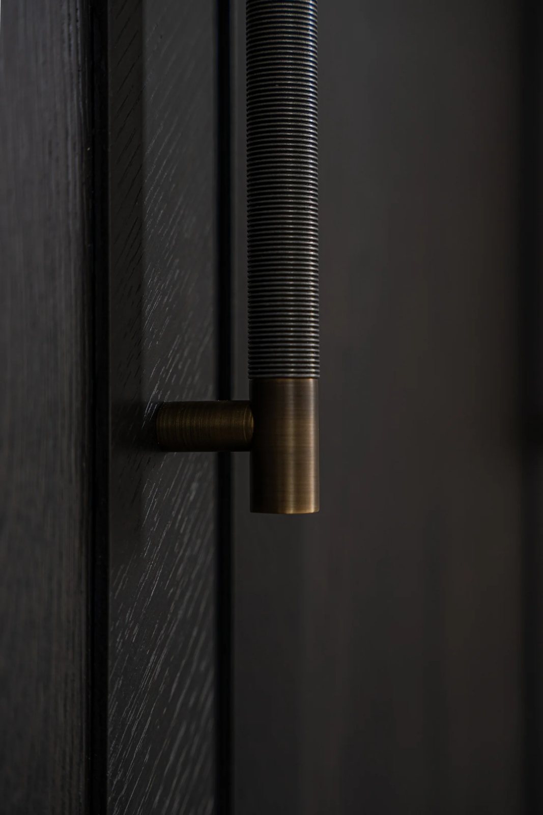 Detail of dark oak wardrobe door with vertical turnstyle handle in antique brass, wrapped in alupewt wire