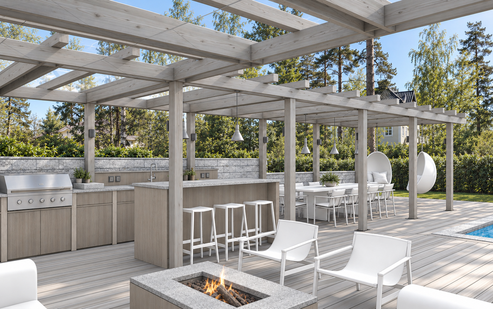 Pergola over an outdoor kitchen, stone island bar and dining table, with a fire pit and pool edge